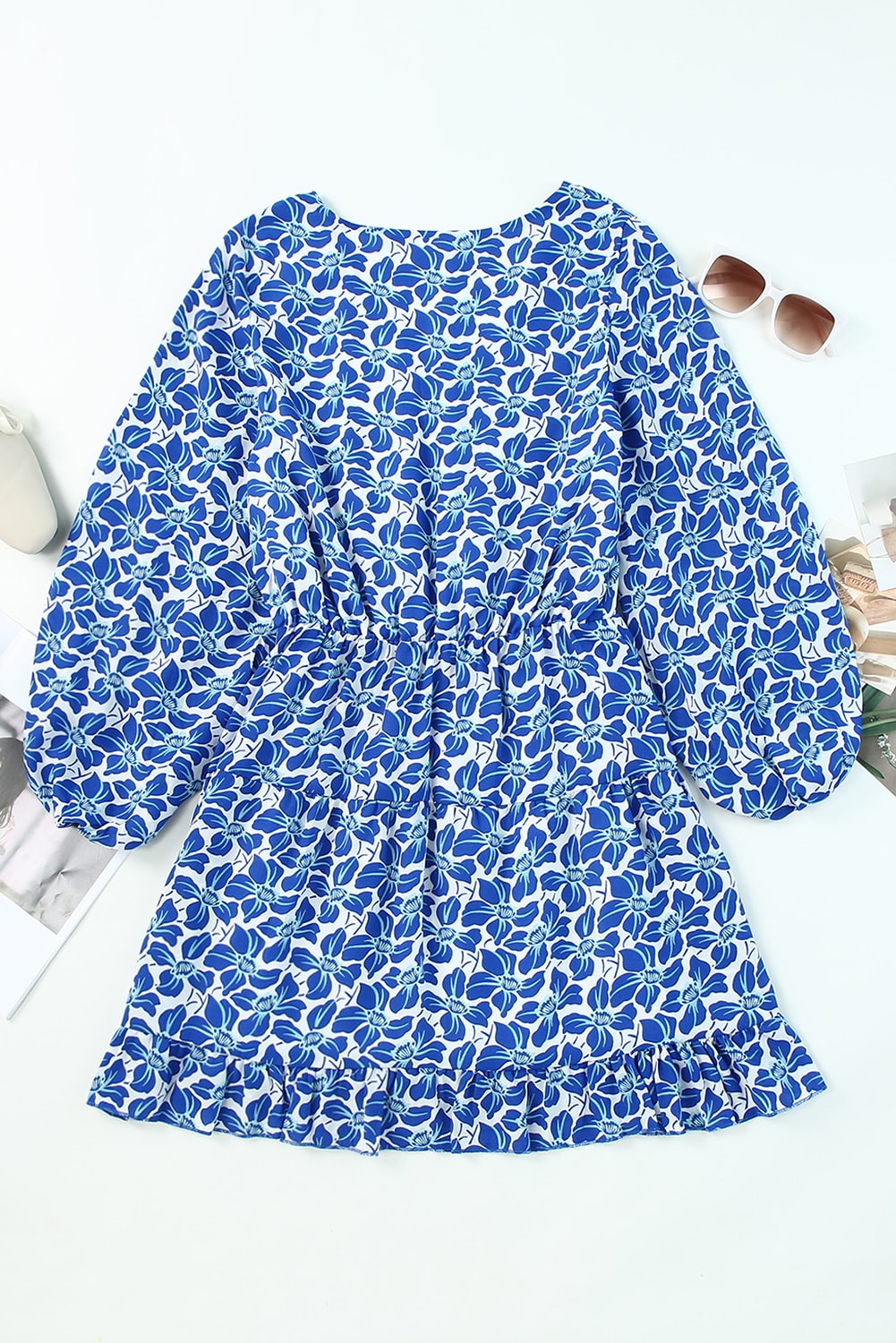 Floral V Neck Lantern Sleeves Tunic Dress