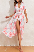 Load image into Gallery viewer, White Floral Print Lace Splicing Knot Front Beach Cover Up
