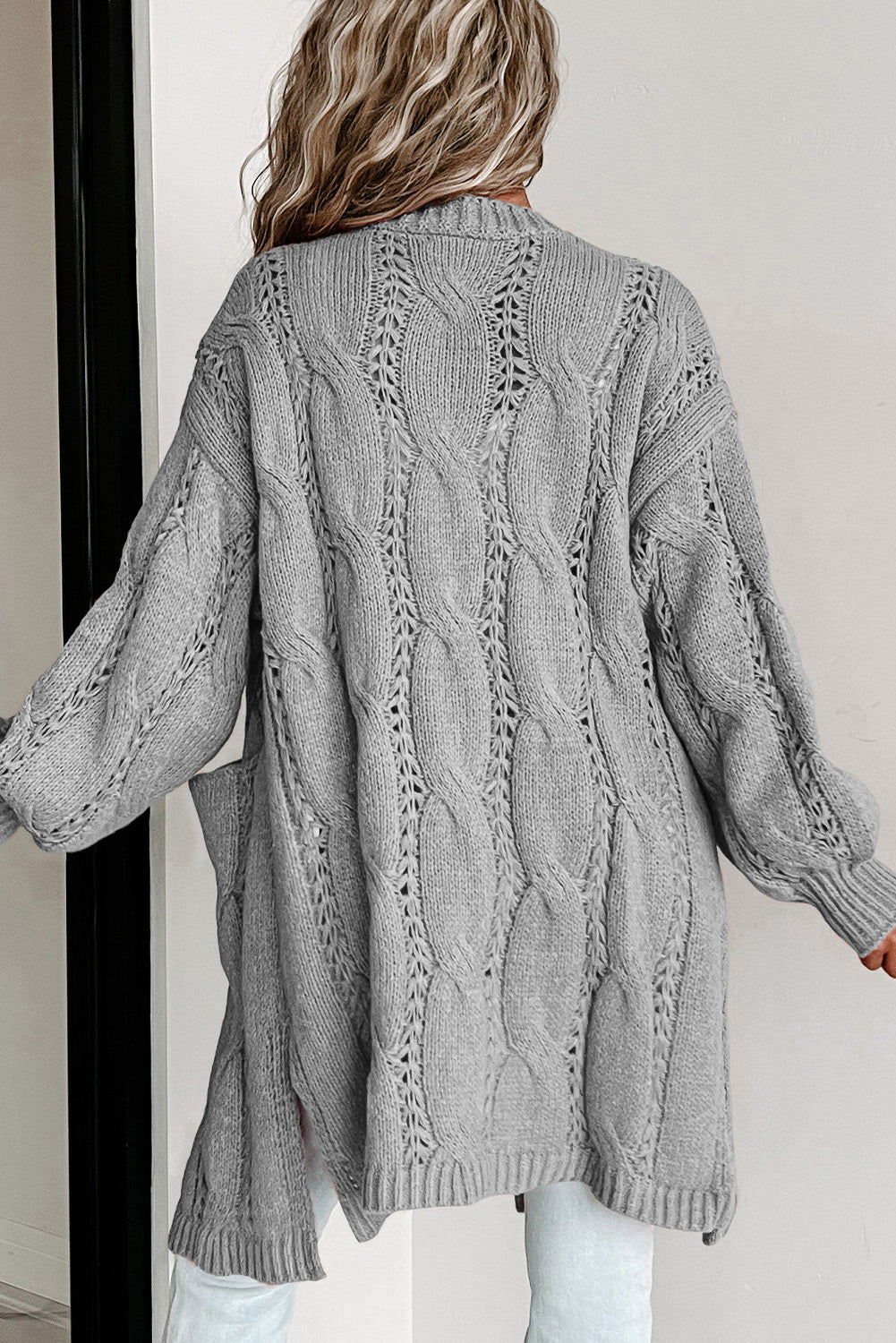 Gray Ribbed Trim Eyelet Cable Knit Cardigan