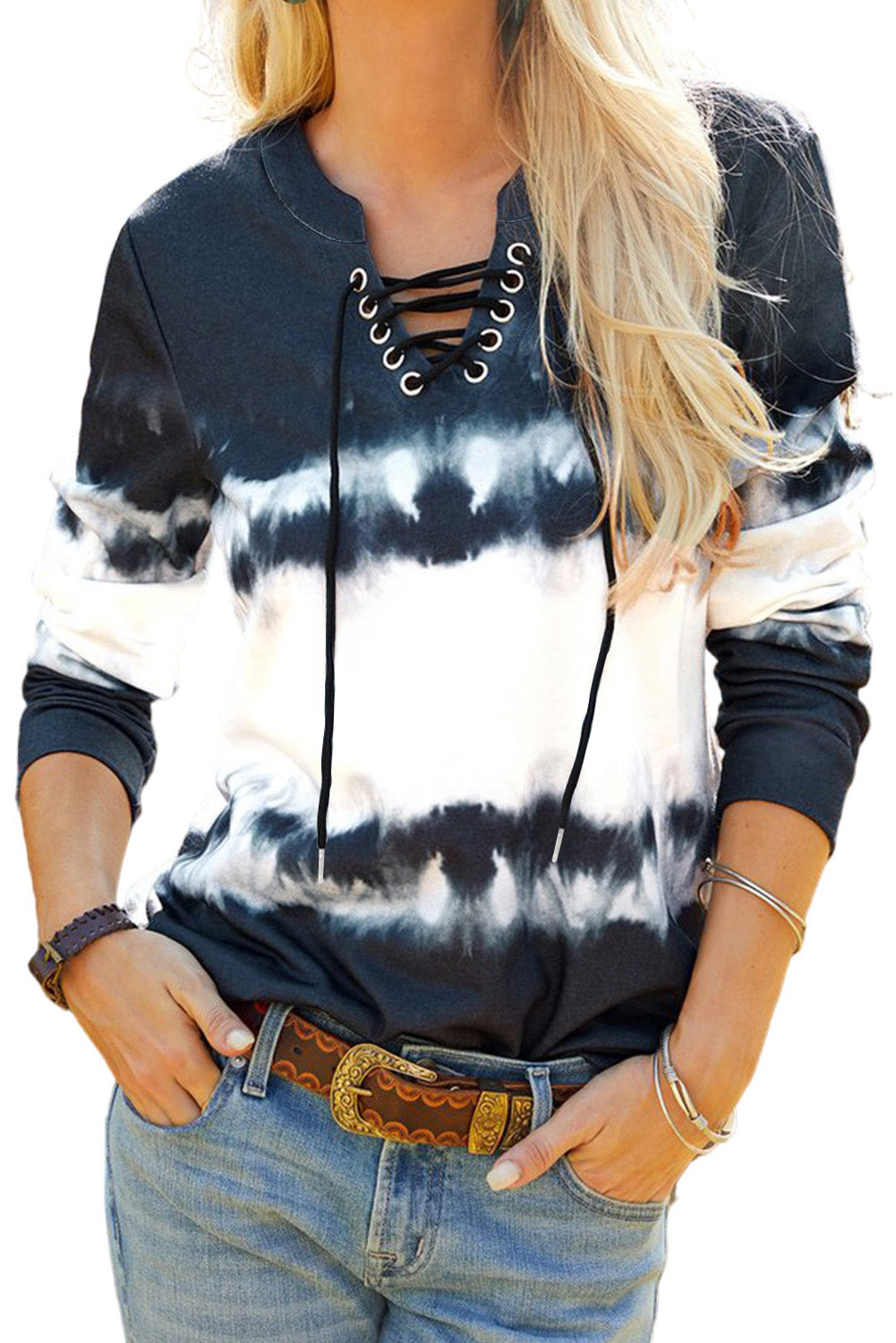 Blue Tie Dye Lace Up V-Neck Long Sleeve Top