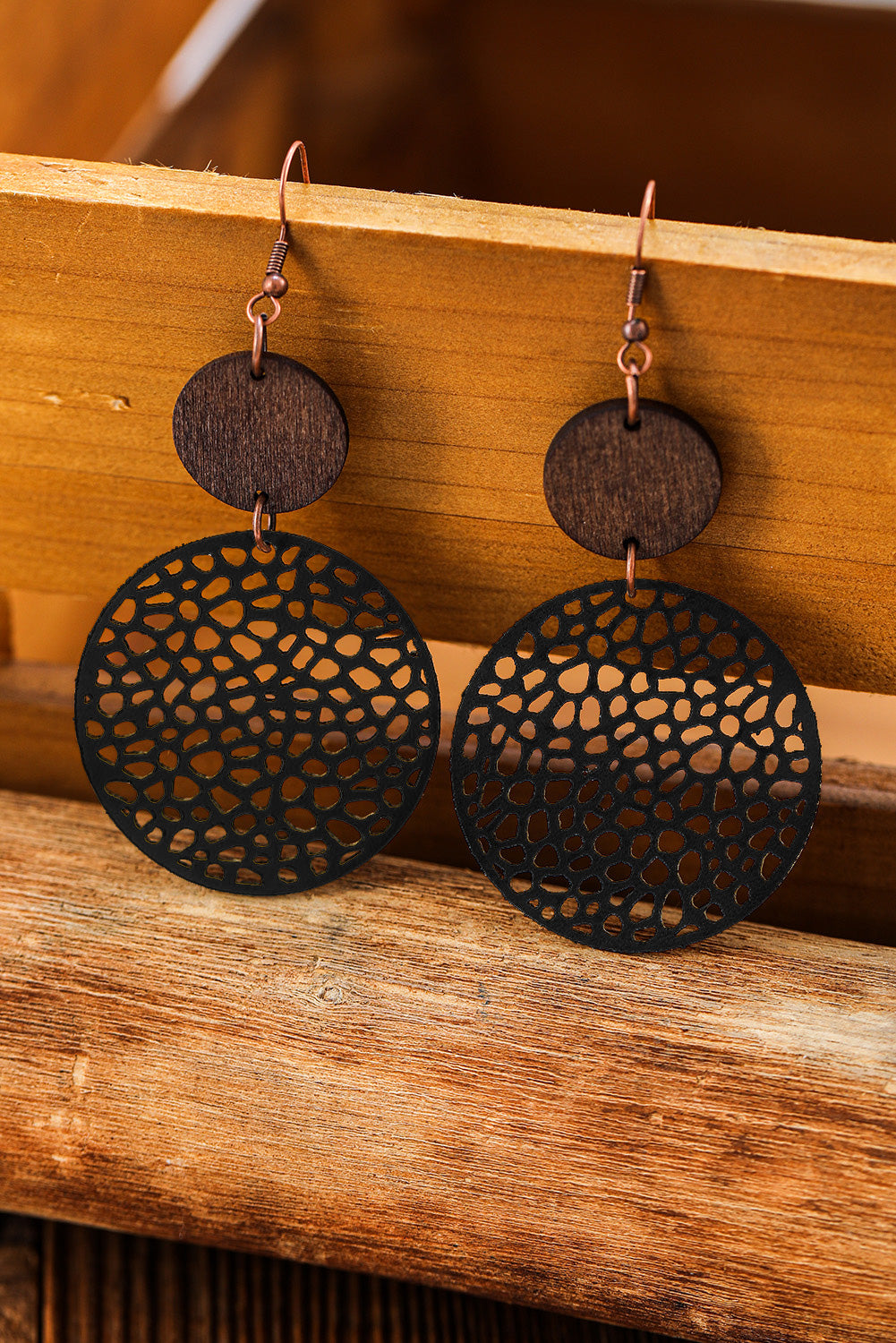 Black Hollow Out Wooden Round Drop Earrings