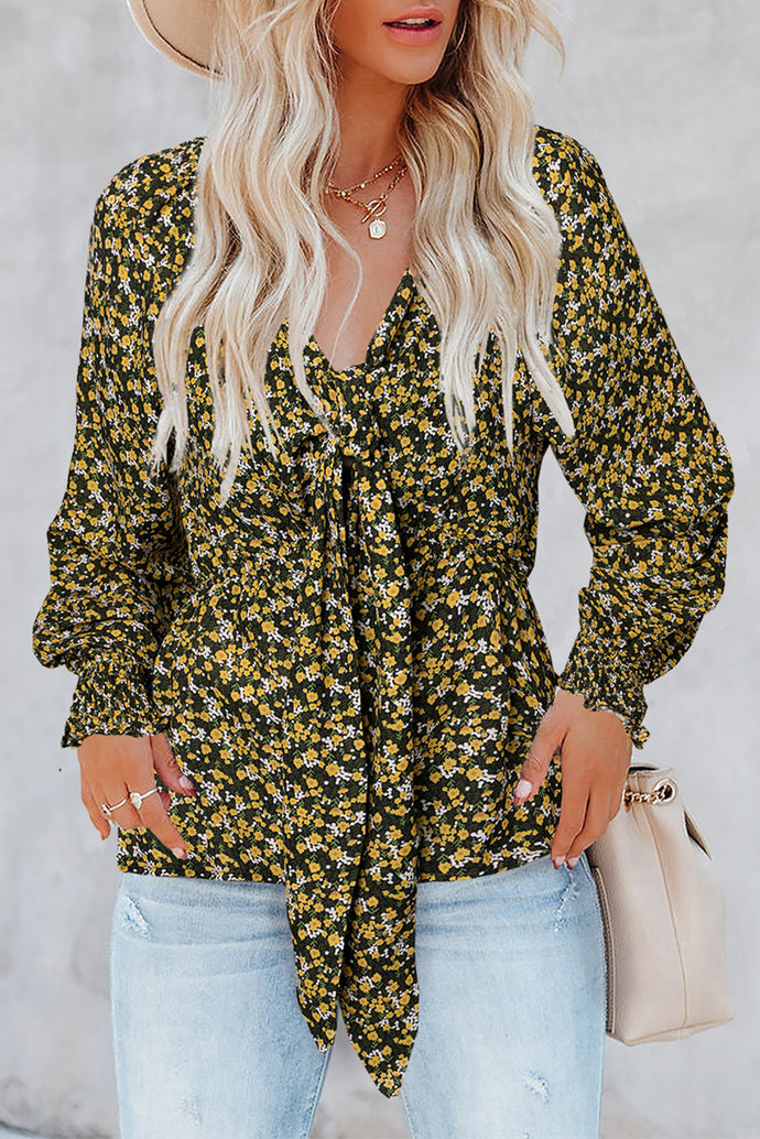 Cute Floral Print Front Tie Ruffled Long Sleeve Blouse