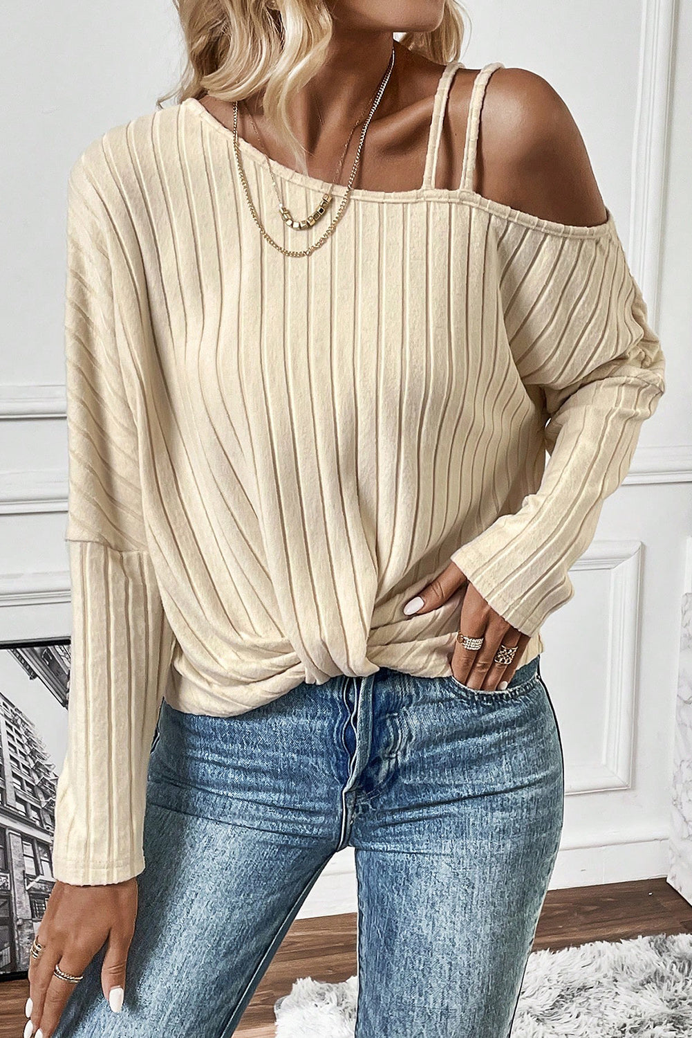 Apricot Asymmetrical Neck Cold Shoulder Twisted Knit Ribbed Top