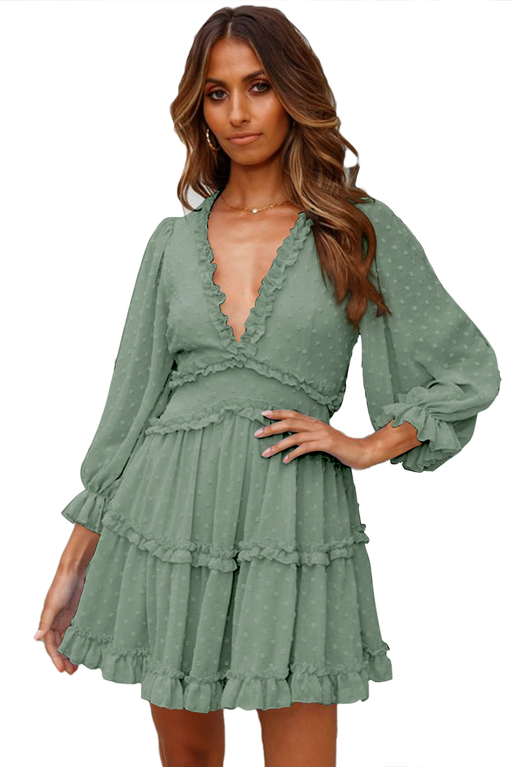 Green Layered Ruffled Open Back Puff Sleeve Swiss Dot Mini Dress