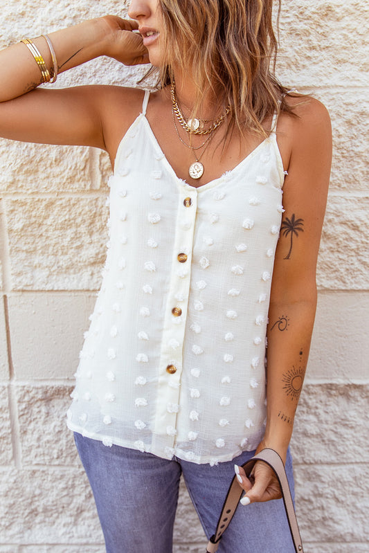 Beige Button Front Swiss Dot Tank