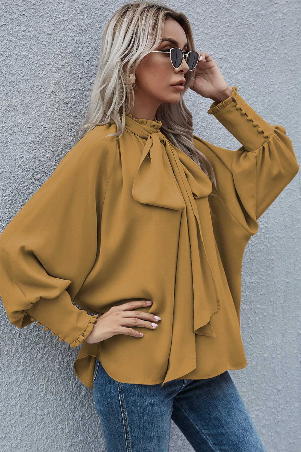 Mustard Frilled Knotted Mock Neck Bishop Sleeve Blouse