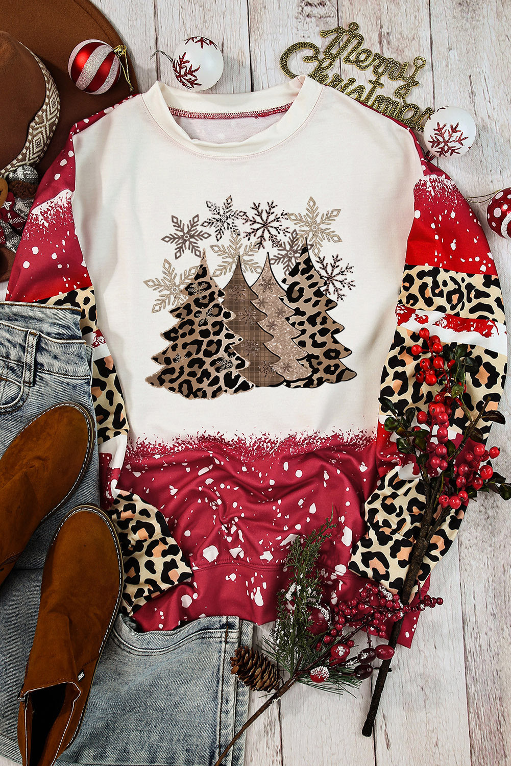 Fiery Red Tie Dye Leopard Christmas Tree Graphic Top