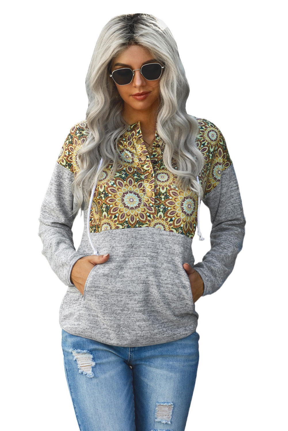 Gray Tribal Print Vintage Drawstring Hoodie