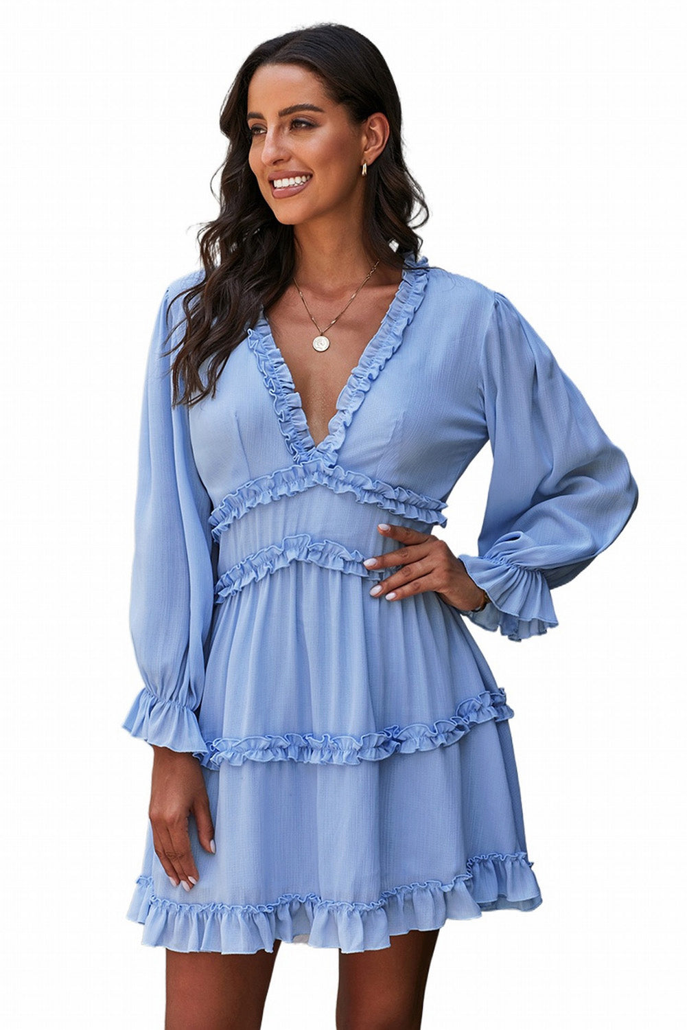 Sky Blue V Neck Ruffle Detailing Open Back Dress