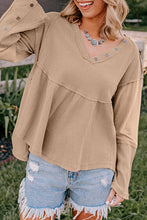 Load image into Gallery viewer, Light French Beige Waffle Knit Button Detail Exposed Seam Flowy Top
