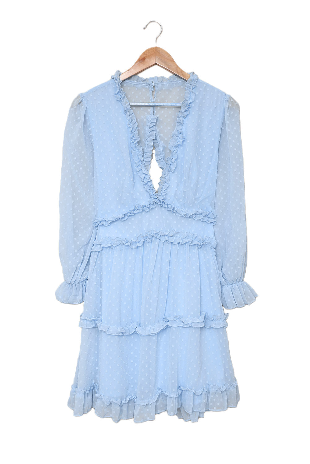 Sky Blue Layered Ruffled Open Back Puff Sleeve Swiss Dot Mini Dress