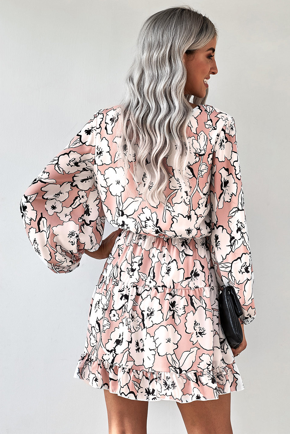 Floral V Neck Lantern Sleeves Tunic Dress