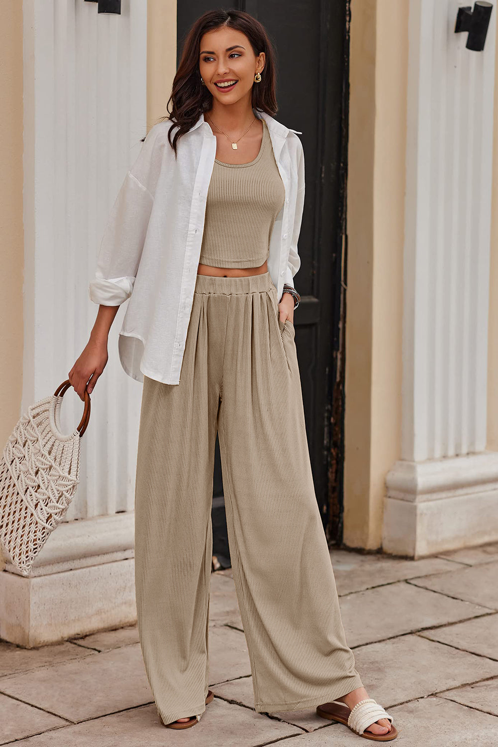 Parchment Textured Sleeveless Crop Top and Wide Leg Pants Outfit