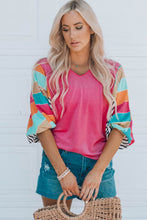Load image into Gallery viewer, Rose Stripe Color Block Bubble Sleeve Top
