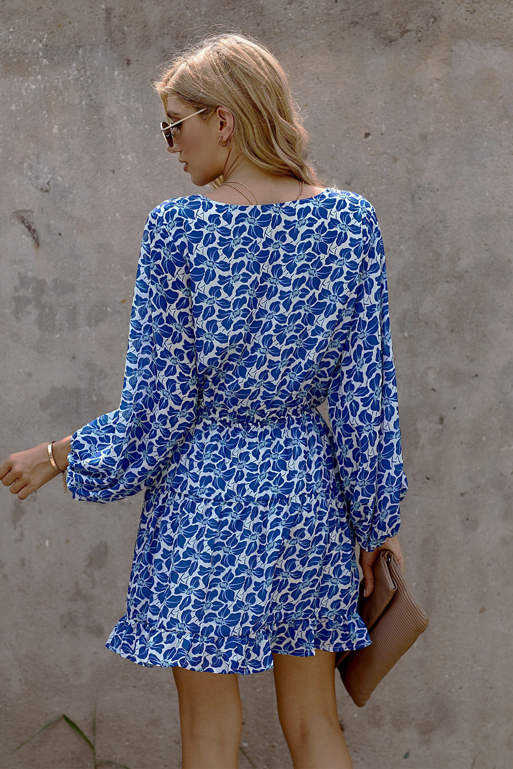 Floral V Neck Lantern Sleeves Tunic Dress