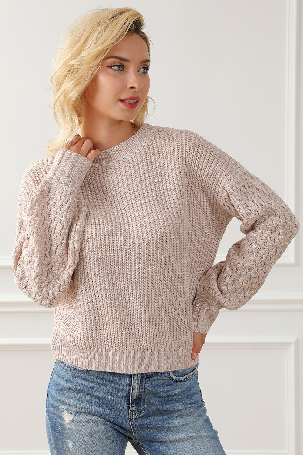 Parchment Cable Knit Sleeve Drop Shoulder Sweater