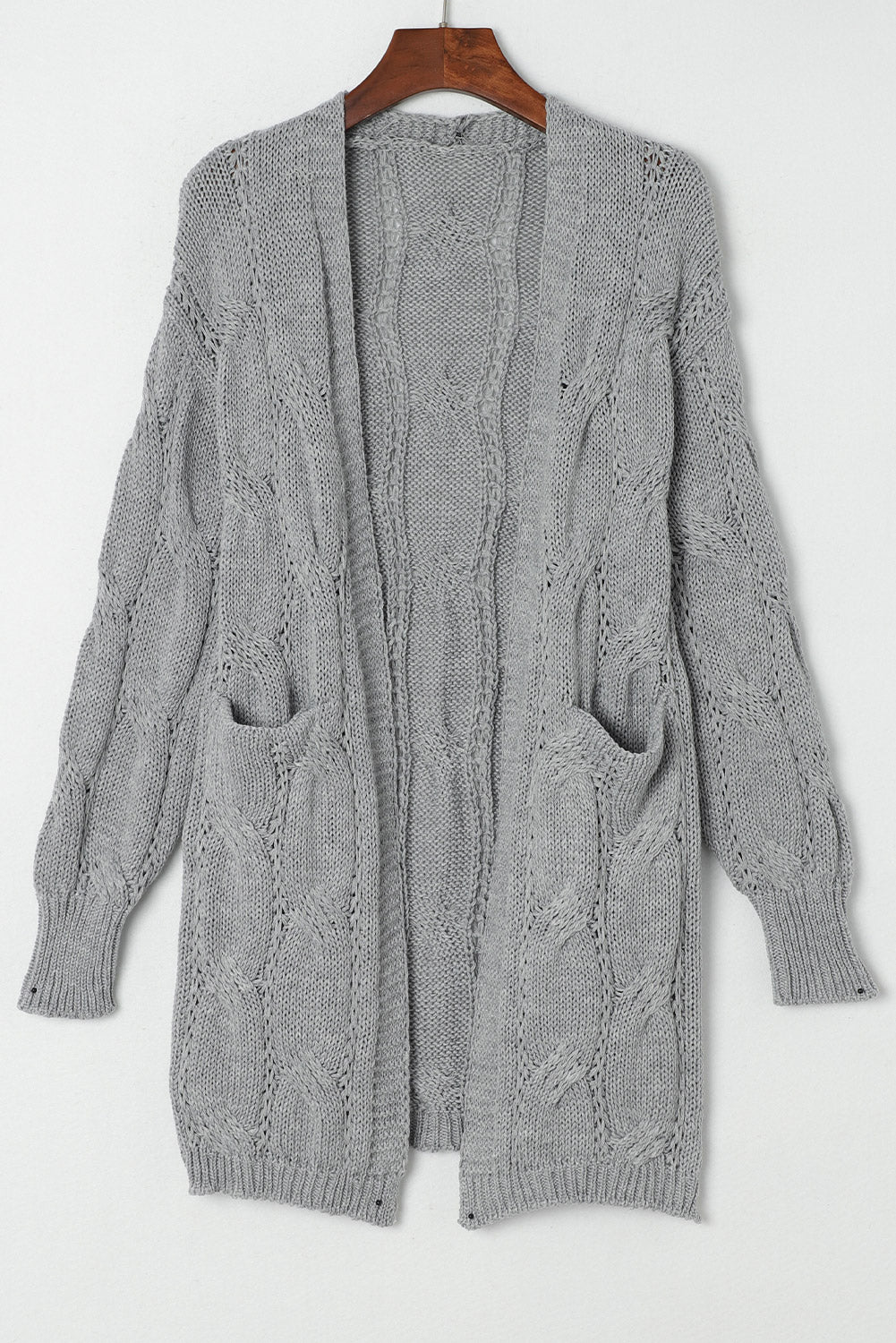 Gray Ribbed Trim Eyelet Cable Knit Cardigan