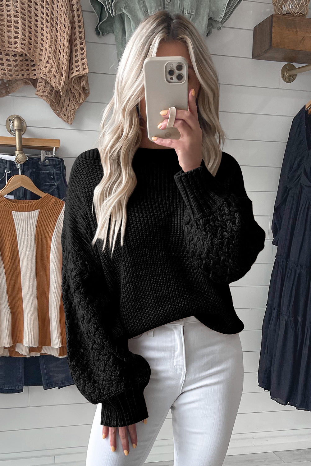 Black Cable Knit Sleeve Drop Shoulder Sweater