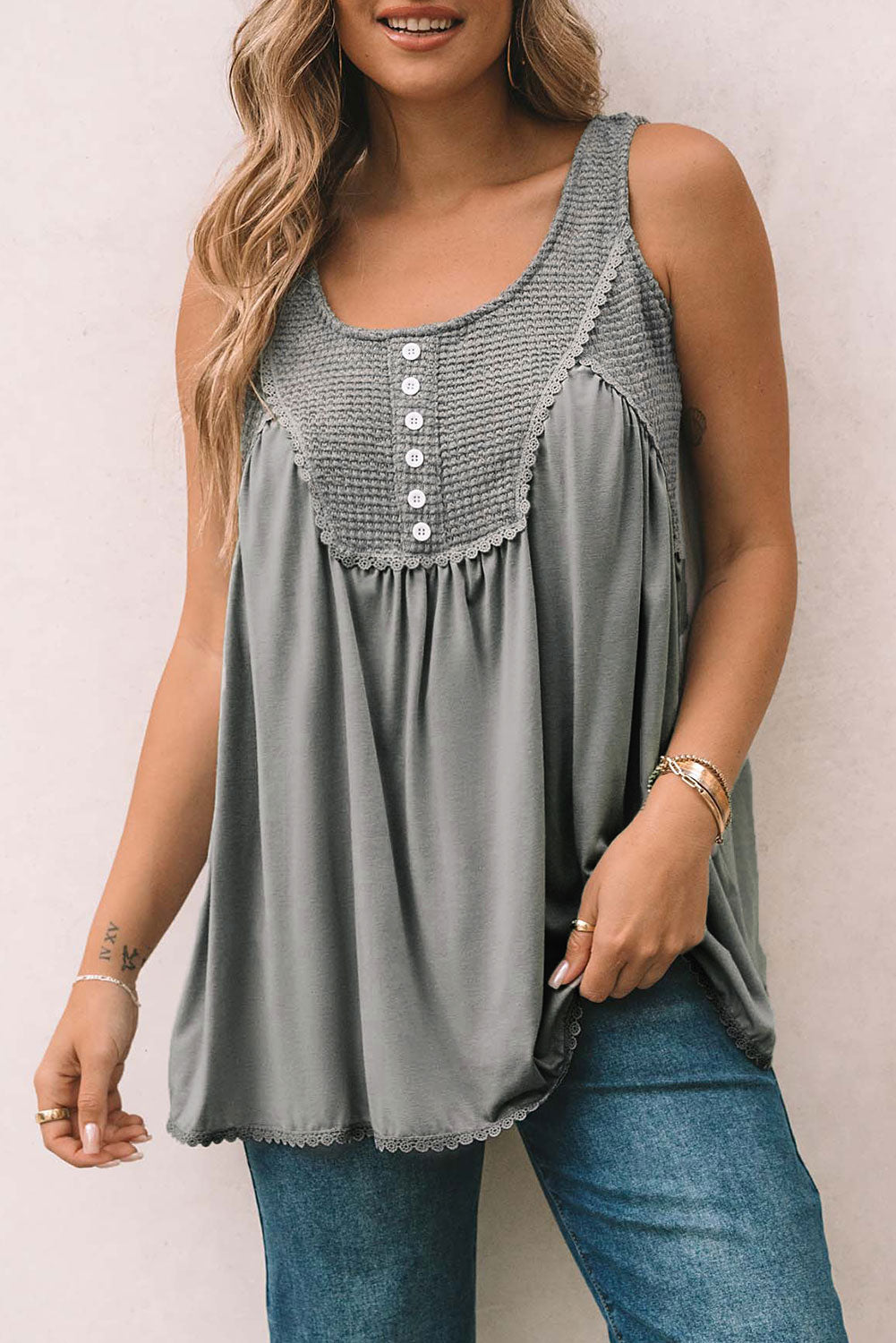 Waffle Knit Panel Babydoll Sleeveless Top