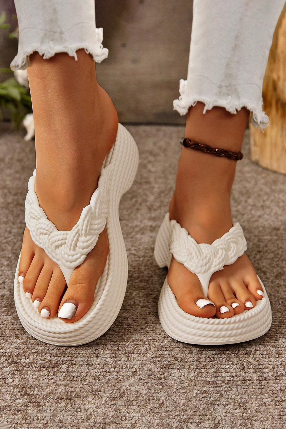 White Braided Pattern Thick Sole Flip Flop