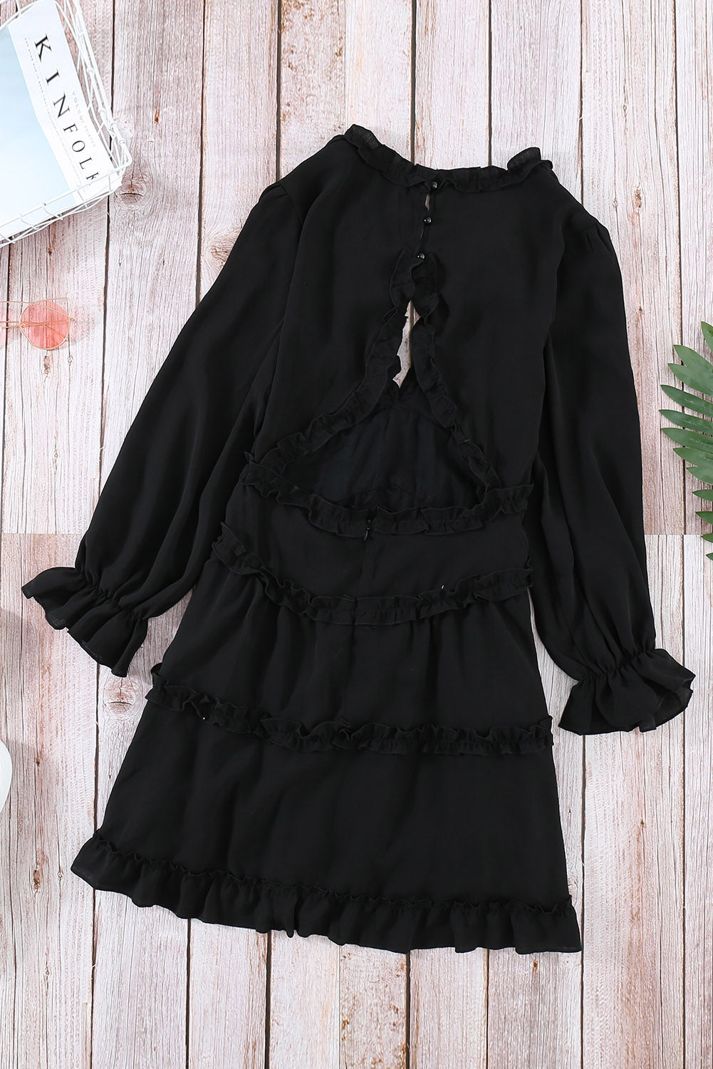 Black V Neck Ruffle Detailing Open Back Dress