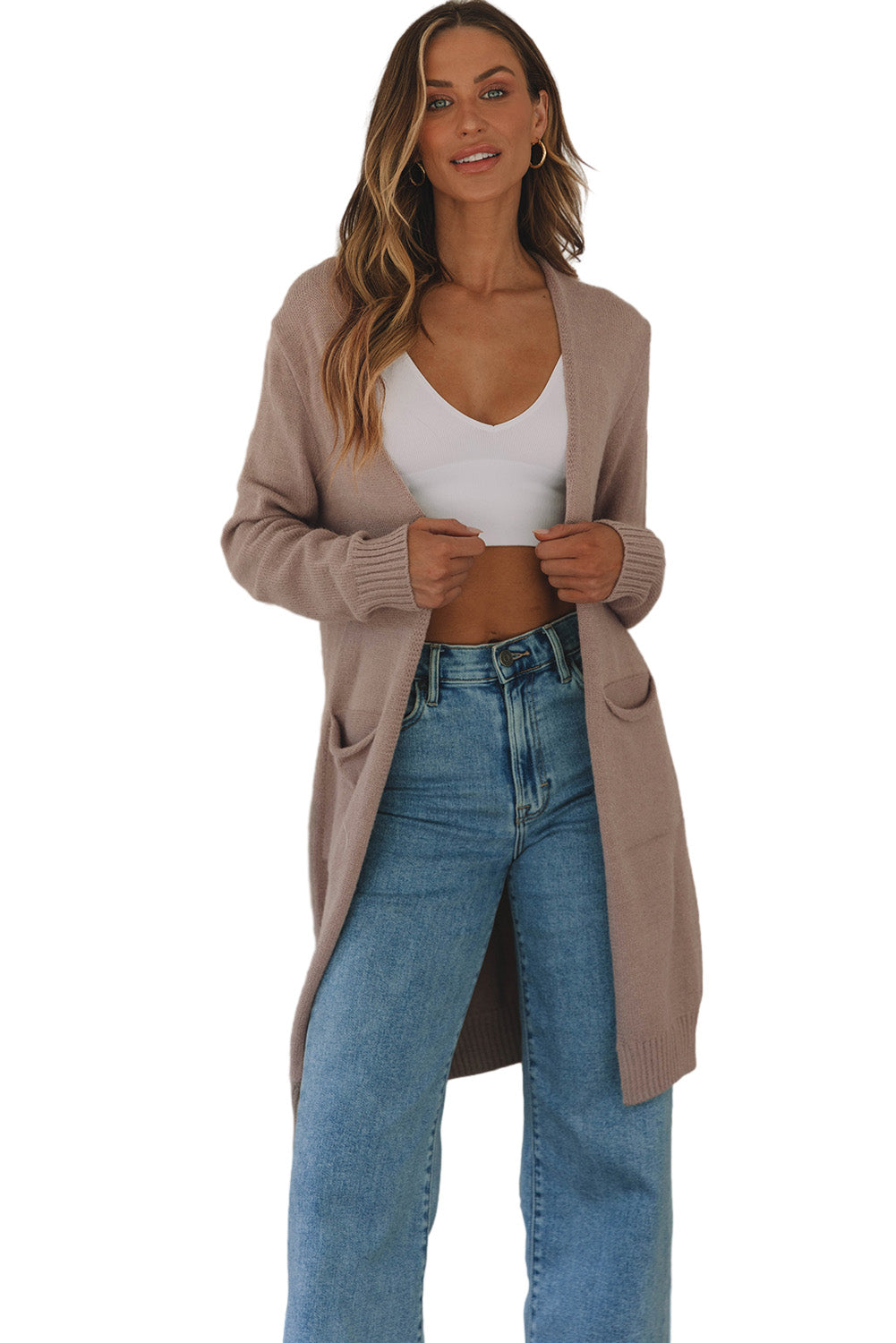 Ribbed Trim Pockets Open Front Midi Cardigan