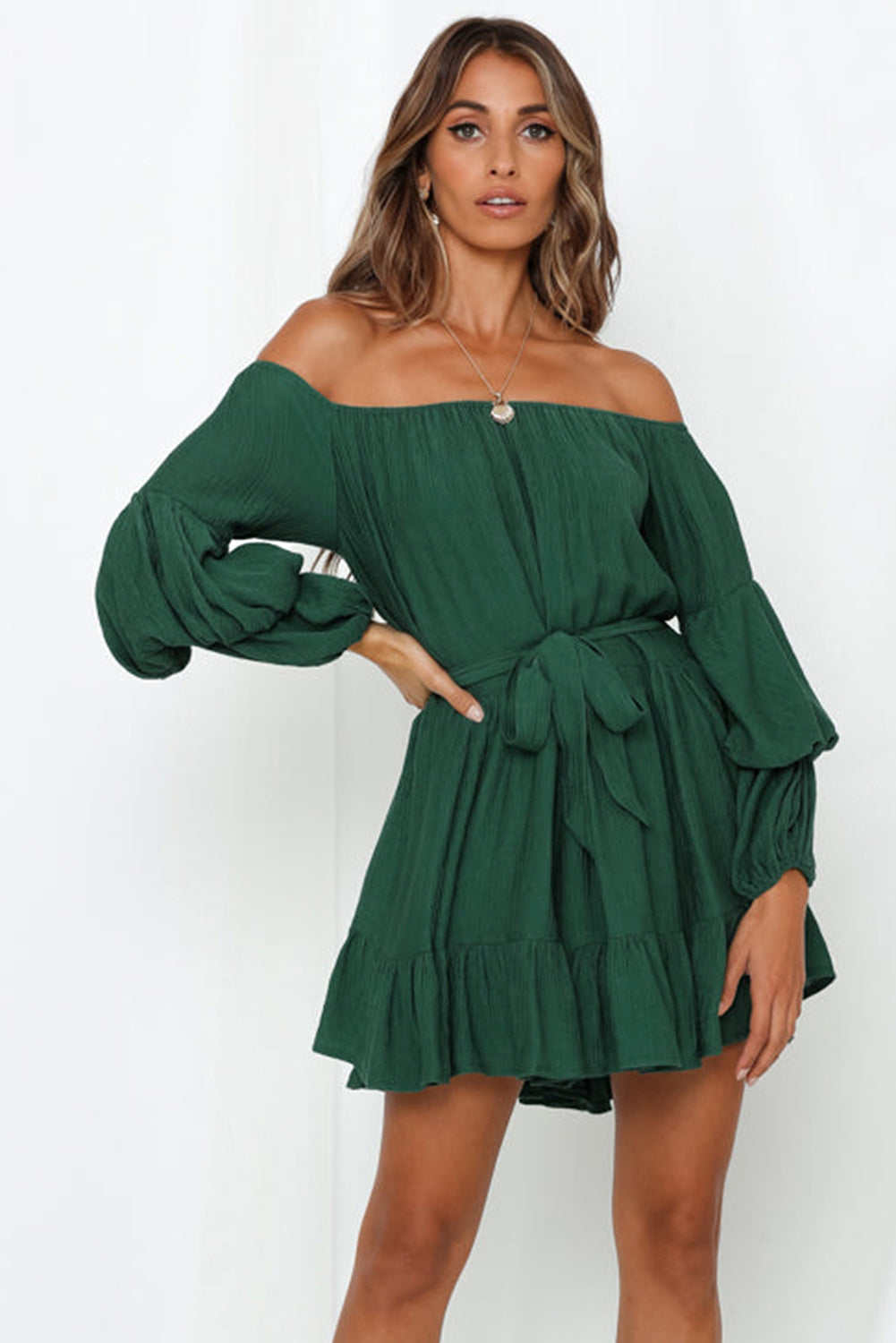 Green Off-Shoulder Tiered Bubble Sleeve Ruffled Dress