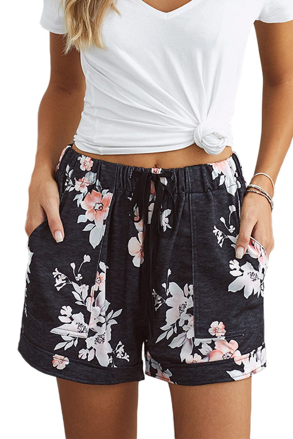 Floral Print Drawstring Elastic Waist Pocketed Shorts