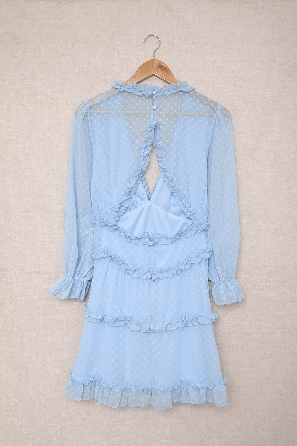 Sky Blue Layered Ruffled Open Back Puff Sleeve Swiss Dot Mini Dress