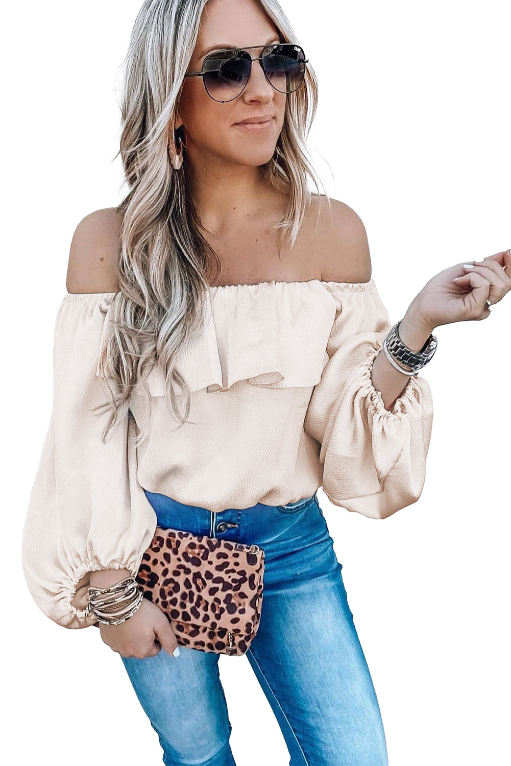 Oatmeal Ruffle Overlay Puff Sleeve Blouse