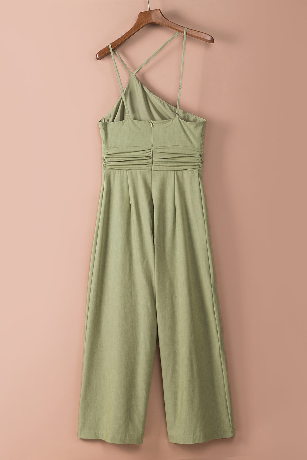 Green Asymmetric Thin Straps One-shoulder Wide Leg Jumpsuit