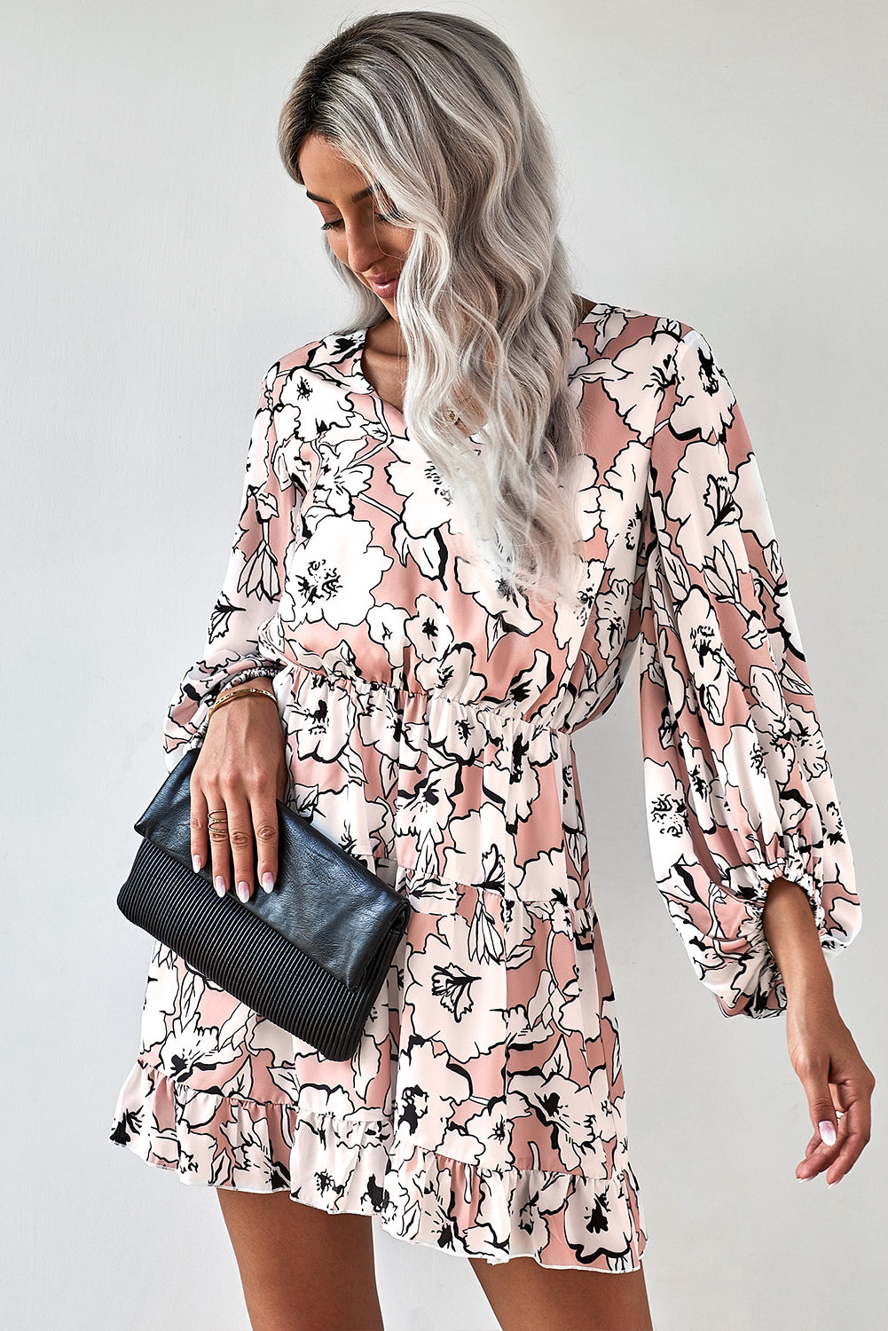 Floral V Neck Lantern Sleeves Tunic Dress