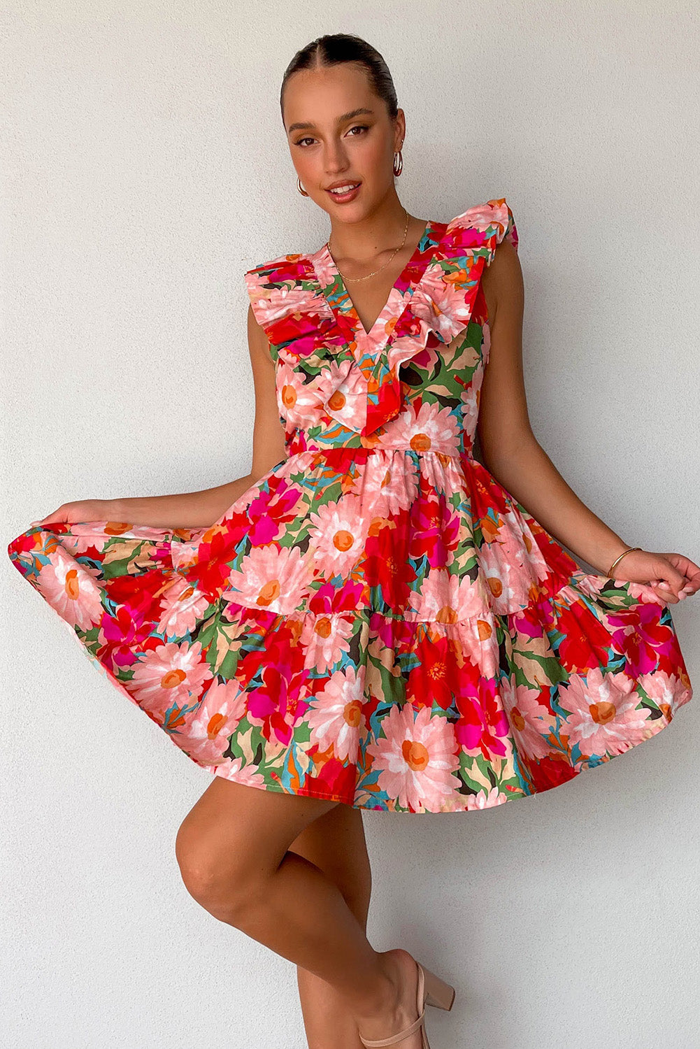 Floral Sleeveless V Neck Frill Mini Dress