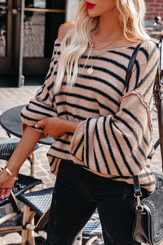 Casual Drop Shoulder Knitted Pullover Striped Sweater