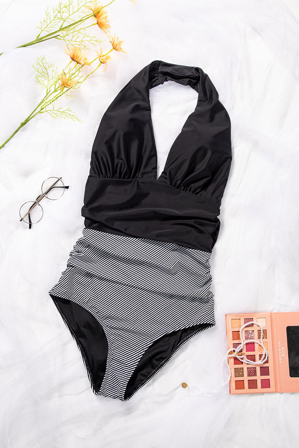 Black Halter Neck Retro Stripe Cute One-piece Swimsuit