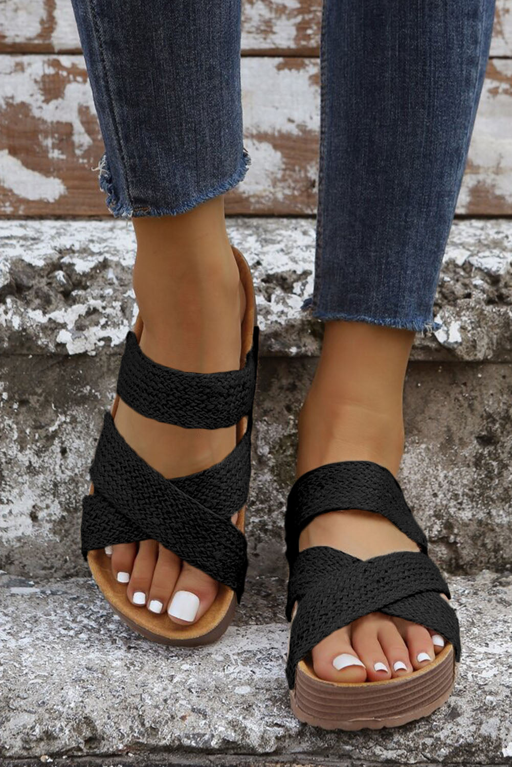 Black Woven Cross Criss Hollowed Slip-On Slippers