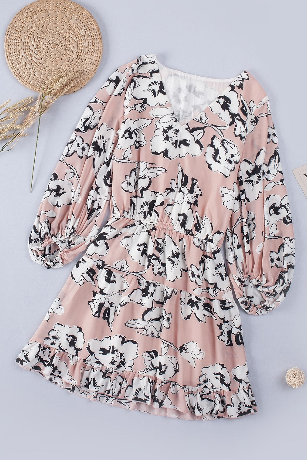 Floral V Neck Lantern Sleeves Tunic Dress