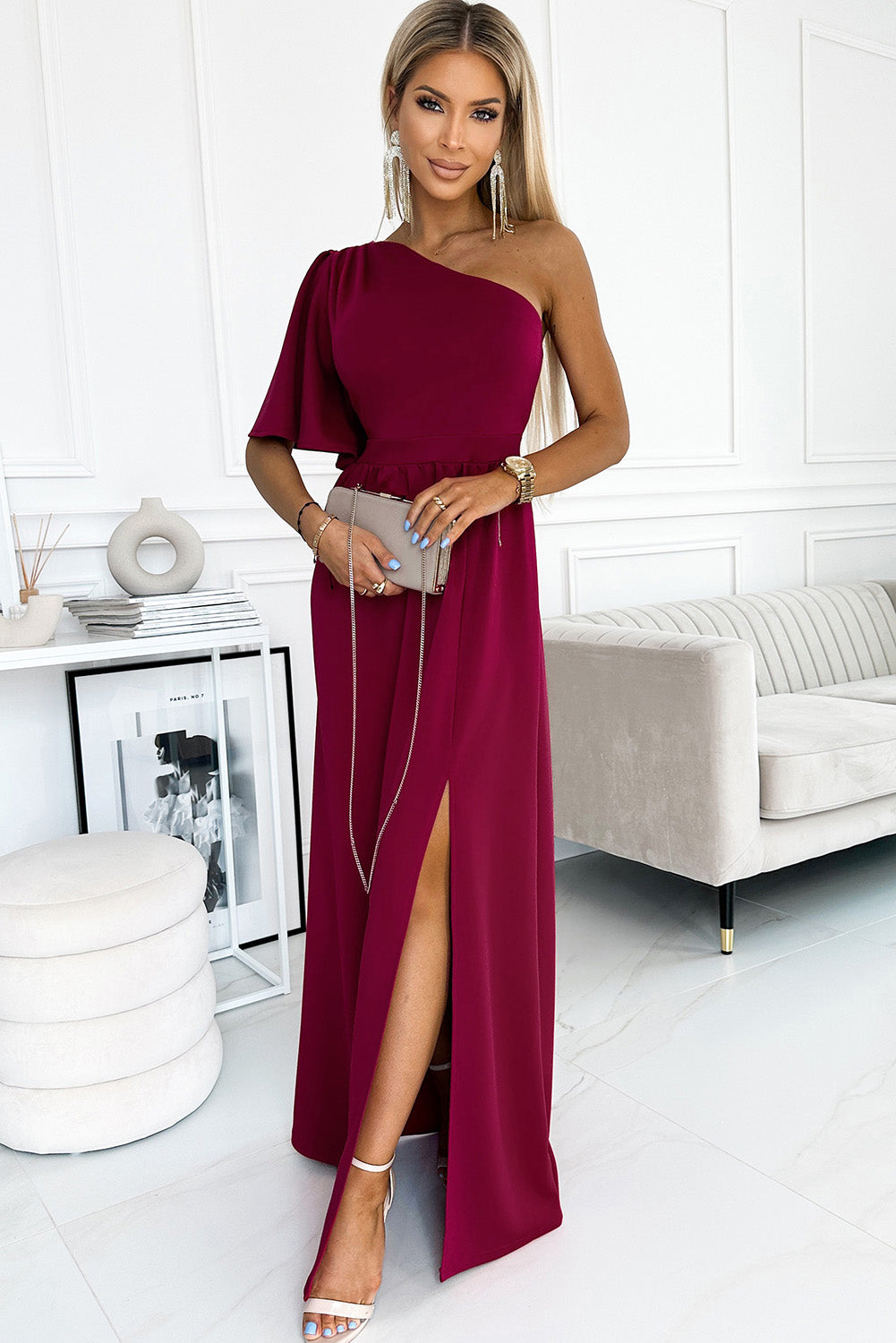 Rose One Shoulder Ruffle Sleeve Maxi Dress with Slit