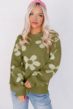 Load image into Gallery viewer, Spinach Green Big Flower Knit Ribbed Trim Sweater
