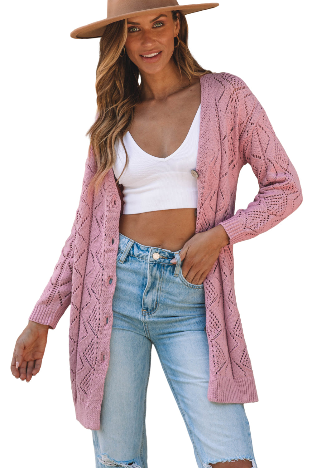 Pink Hollow-out Openwork Knit Cardigan