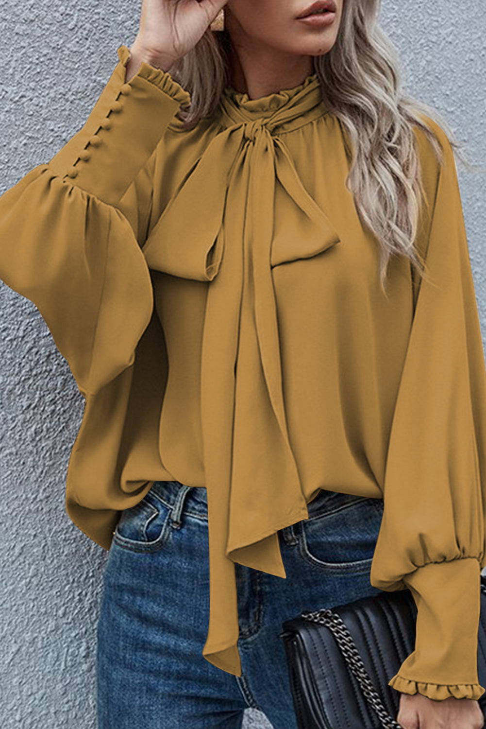 Mustard Frilled Knotted Mock Neck Bishop Sleeve Blouse