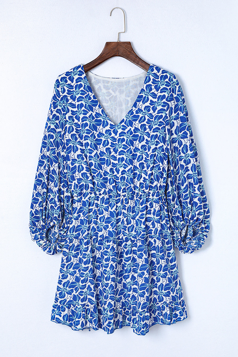 Floral V Neck Lantern Sleeves Tunic Dress