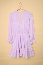Load image into Gallery viewer, Deep V Neck Lantern Sleeve Knotted Tiered Mini Dress
