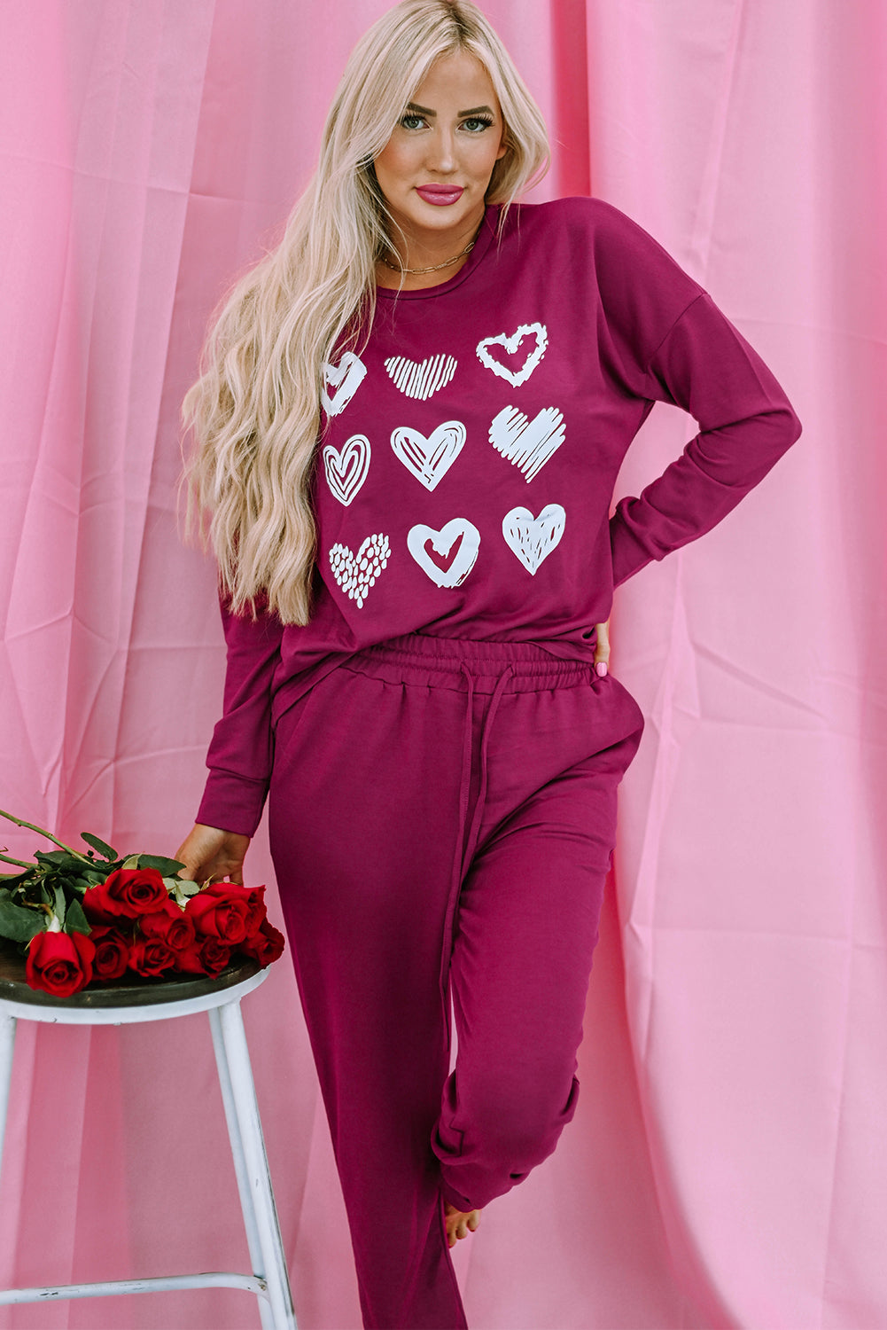 Red Heart Graphic Pullover and Drawstring Pants Lounge Set