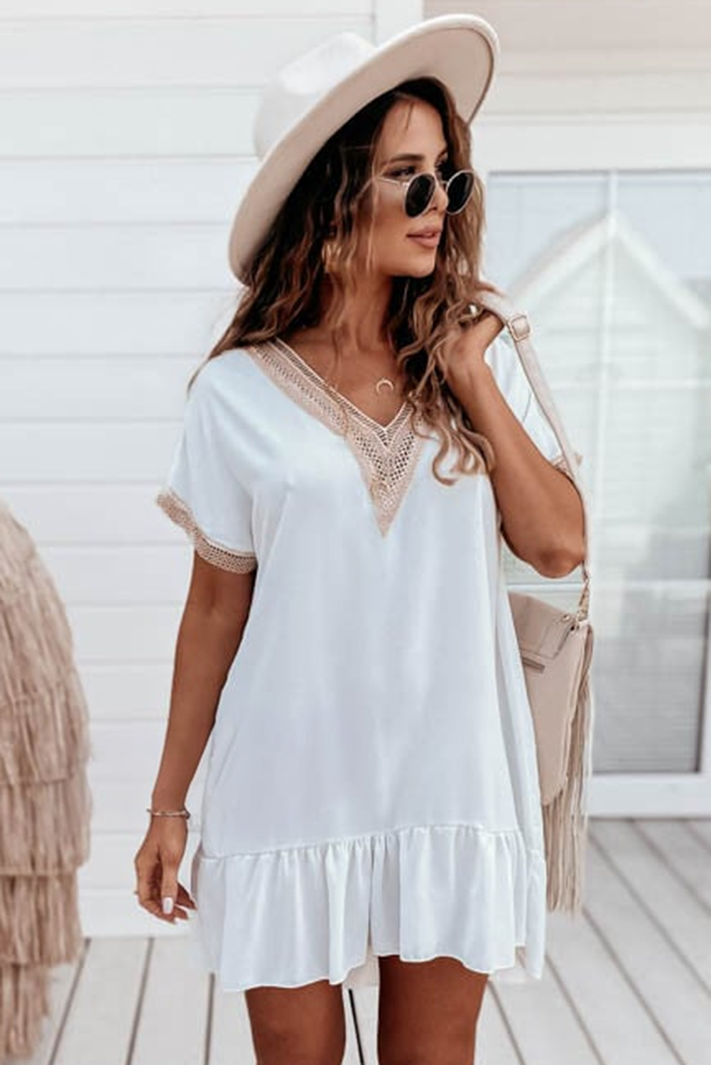 White Lace Trim Short Sleeve Ruffled Mini Dress