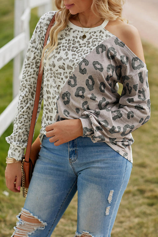 Print Long Sleeve Shirt One Side Cold Shoulder Top