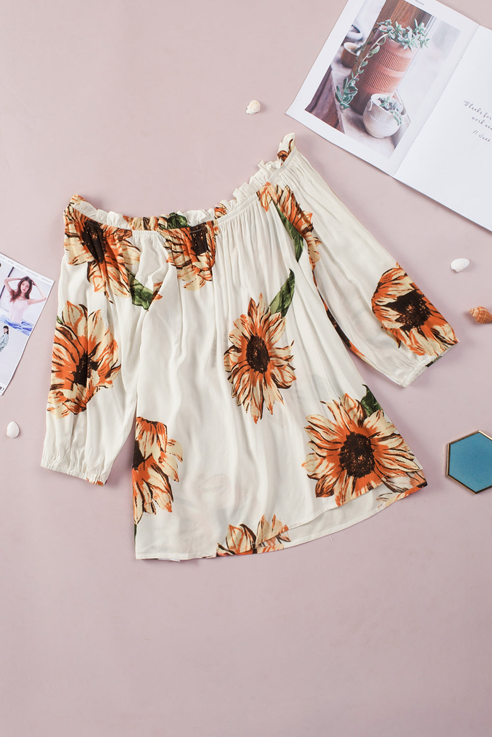 Floral Ruffled Tassel Tie Off Shoulder Blouse