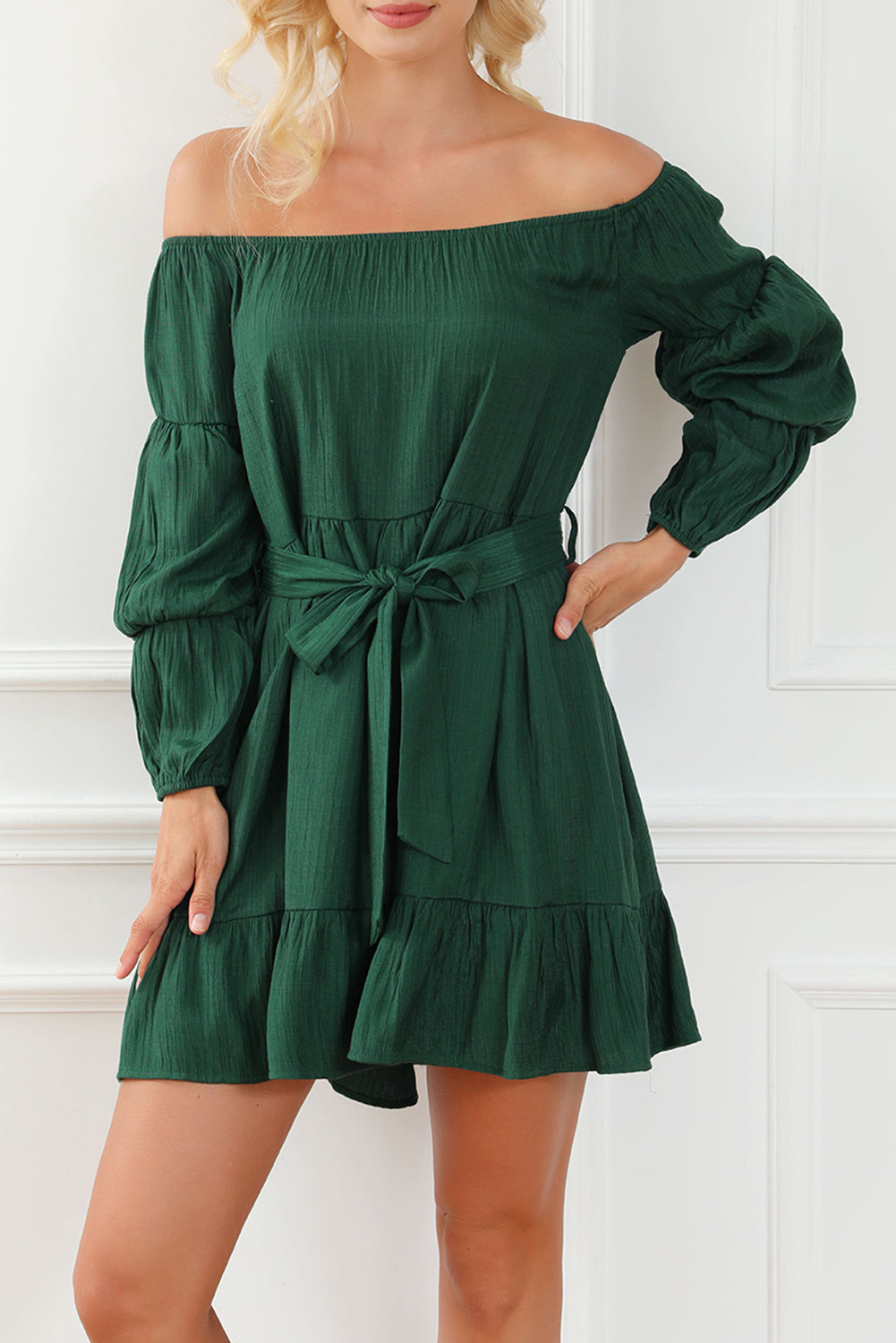 Green Off-Shoulder Tiered Bubble Sleeve Ruffled Dress