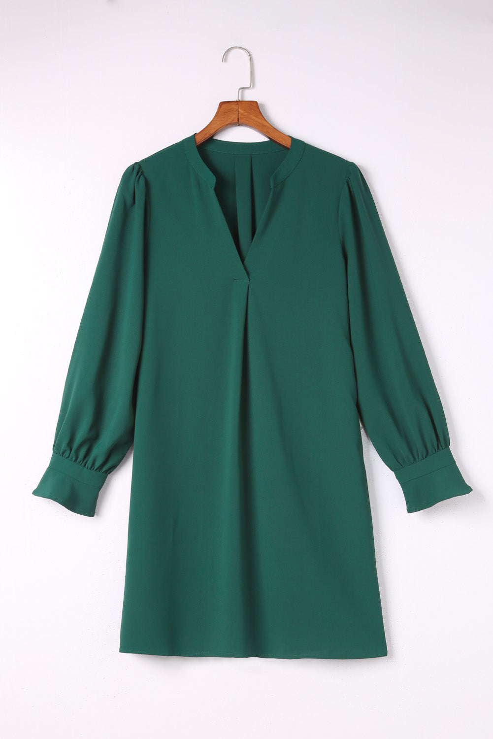 Green Split V Neck Ruffled Sleeves Shirt Dress