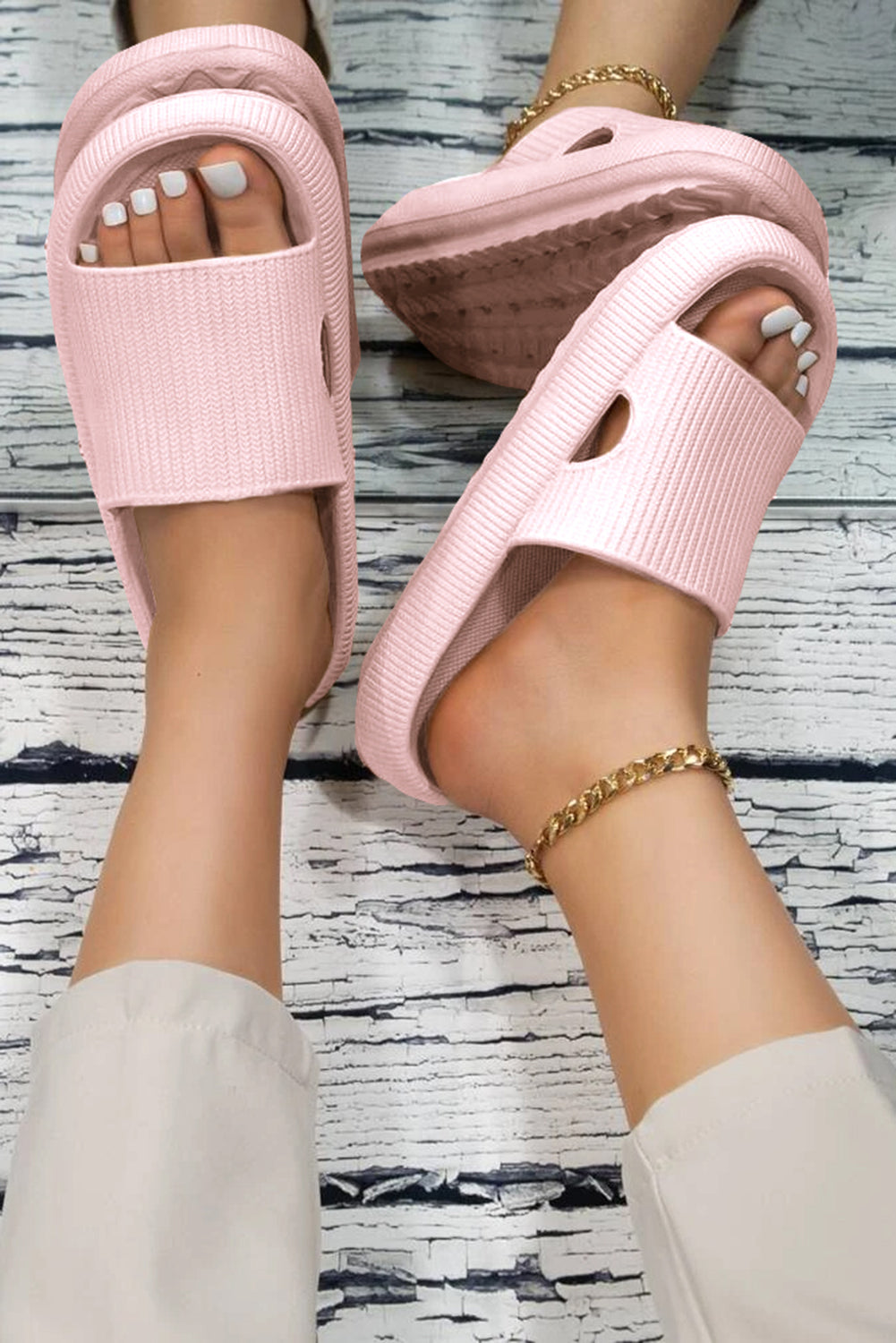 Pink Hollow-out Thick Soled Slip On Slippers